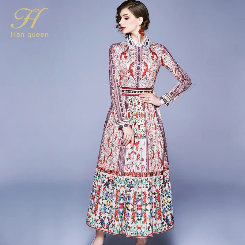 H Han Queen Women Vintage A-line Long Dress Ladies Winter Business Office Party Print Pleated Dresses Trun-down Collar Vestidos