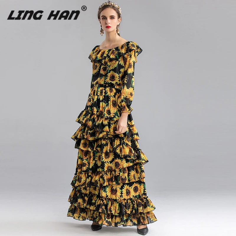 

LINGHAN Designer Women 2 Piece Set Spring Summer Black Flower Print Flare Sleeve Blouse Long Maxi Skirt Fashion Suit New