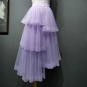 

2020 New Spring And Summer Ruffles Purple Color Sweet Multi-layer High Waist Asymmetrical Mesh Skirt M058