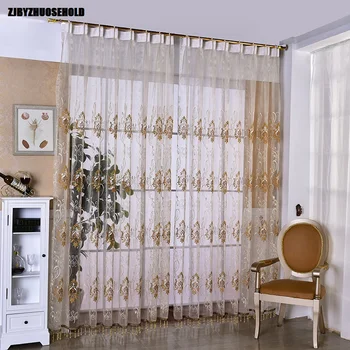 

European Luxury Tulle Curtains for Living Room Gauze Jacquard Mesh Yarn Beige Embroidered Window Sheer Curtains for Bedroom