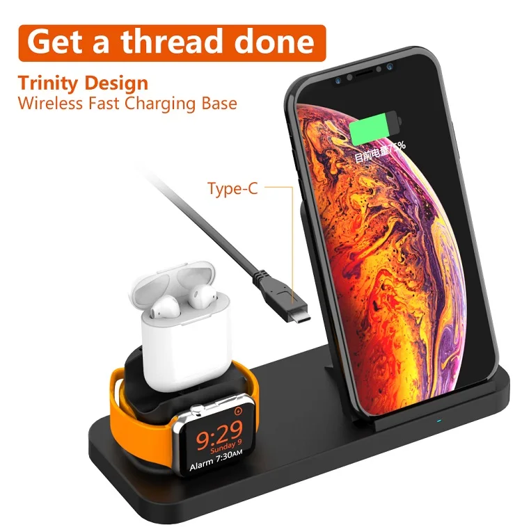 Desk Qi fast charge Wireless Charger Charging Stand Dock Station for iPhone watch Series 3 in 1Fast  Wireless Charger