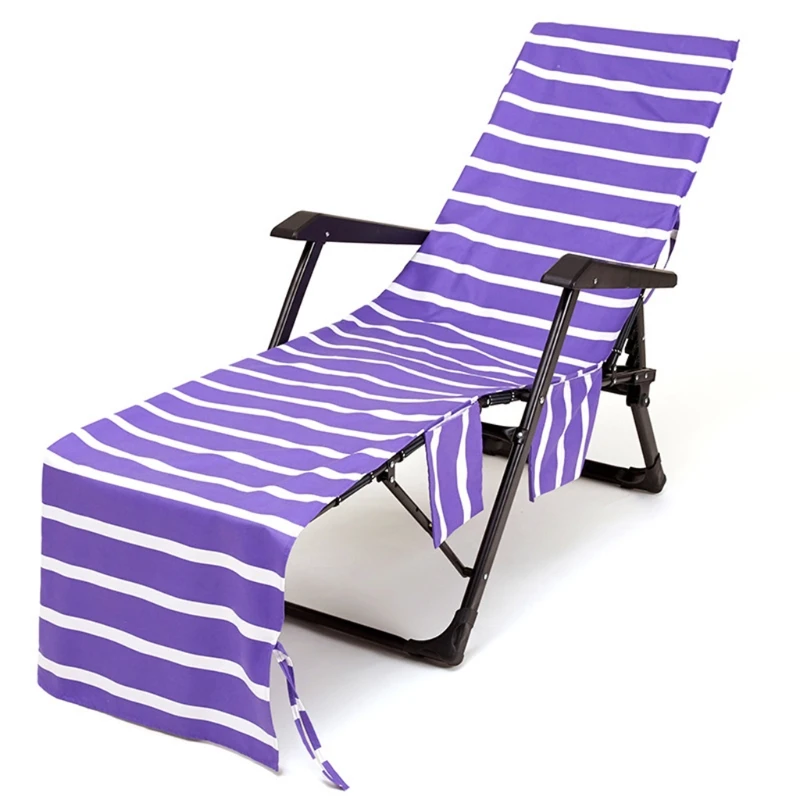 Striped Printed Chaise Lounge Chair Cover Beach Bath Towel with Side Pockets for Outdoor Patio Lawn Sun Lounger Holiday
