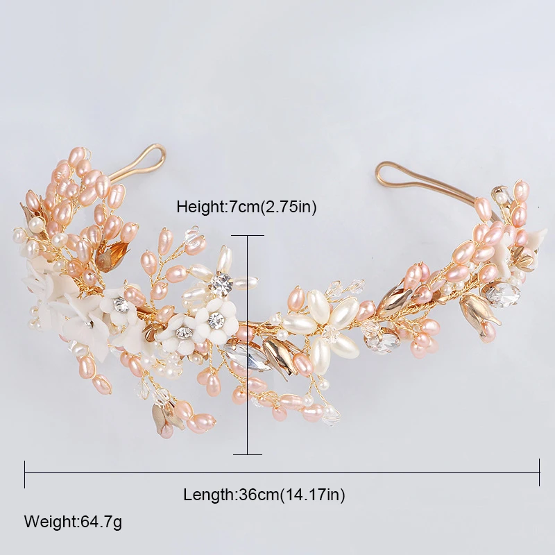 Golden Crown Pink Pearls Crystal Wedding Hair Accessories Fashion Women Accessories Tiara Romantic Headbands
