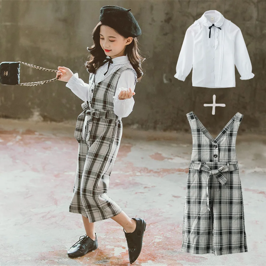 Overalls set plaid overalls pants+ girls school white blouse overol spring autumn retro clothes for girls 7 years old