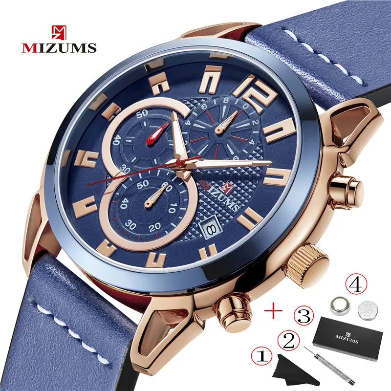 

MIZUMS Top Luxury Brand Men Watch Sports Multifunction Chronograph Blue Waterproof Mens Quartz Watches Man Male Designer Clock