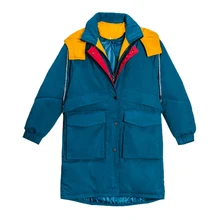 Возможно у женщин синий розовый хлопок пальто с капюшоном Воротник Кнопка молния карман Свободное длинное зимнее пальто C0381
