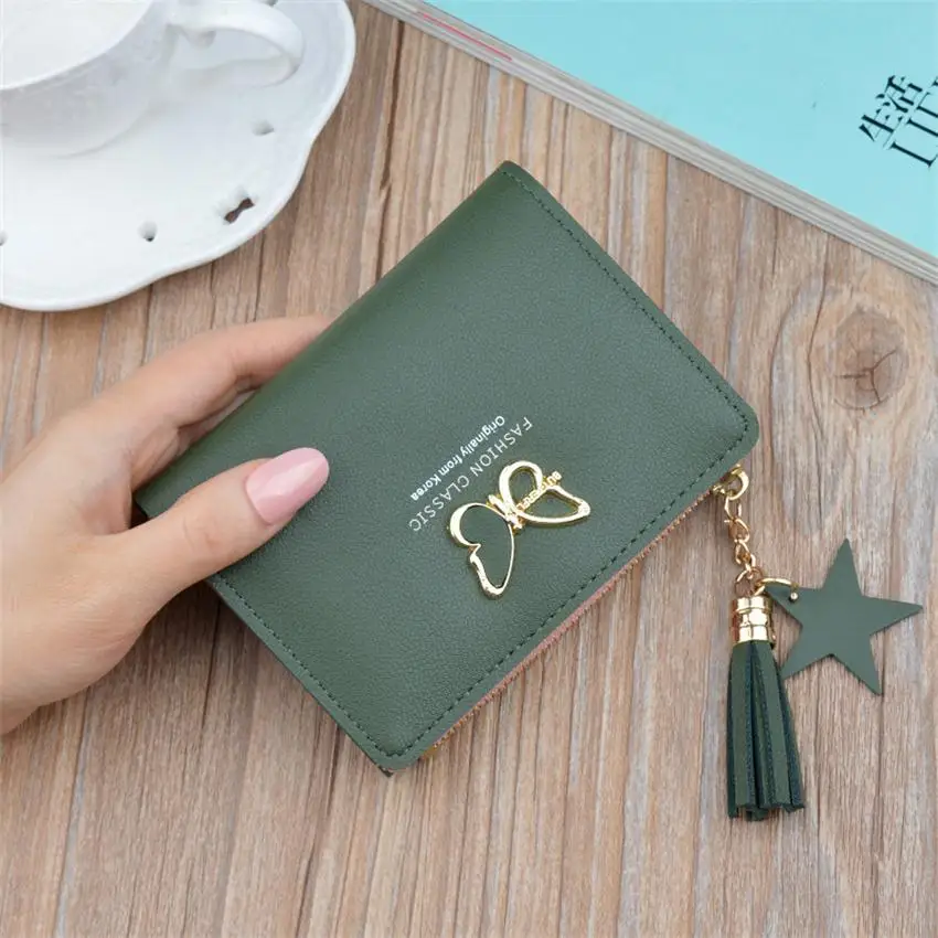 Green Новые женские кошельки маленький мини Безопасный мешок для денег женский короткий бабочка бахромой кошелек на молнии Держатель для кредитных карт кошелек бумажник - Цвет: Green