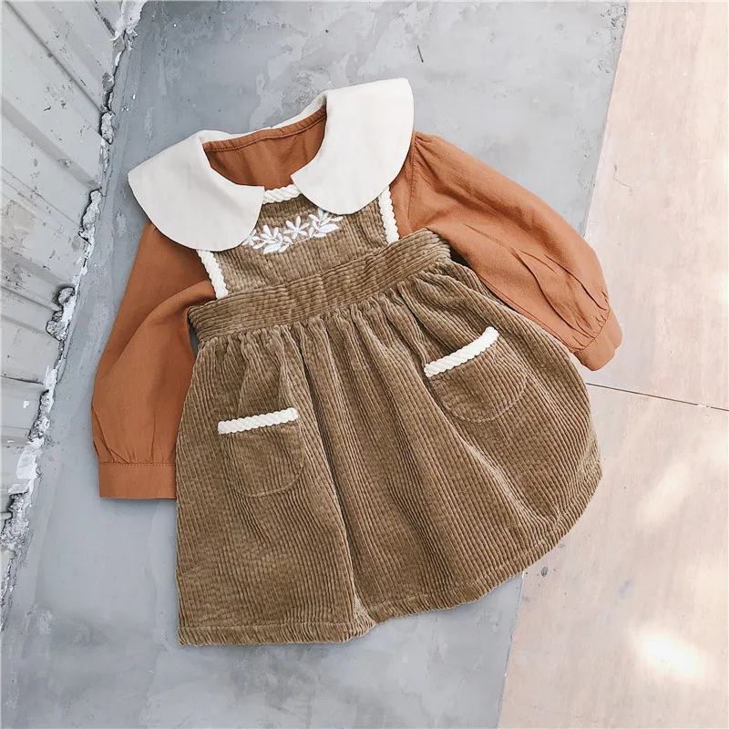 Новое Стильное вельветовое платье с вышивкой для девочек модные осенние платья-майки для девочек детская одежда 1-6 лет