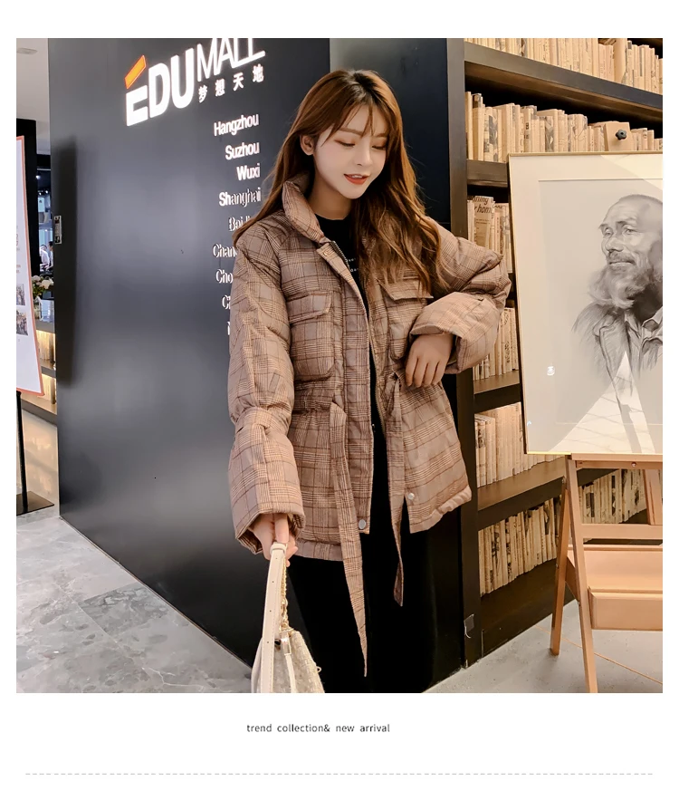 Зимнее женское пальто в винтажном стиле в клетку со стоячим воротником, Свободное пальто в Корейском стиле на шнуровке, плотное Свободное пальто, одежда с хлопковой подкладкой