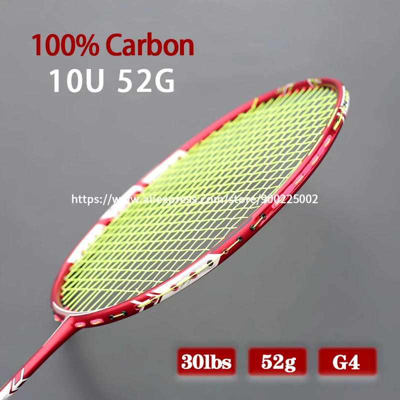 Full Carbon Fiber Lightest 10u 52g Badminton Racket Strung Max Tension 30lbs Professional