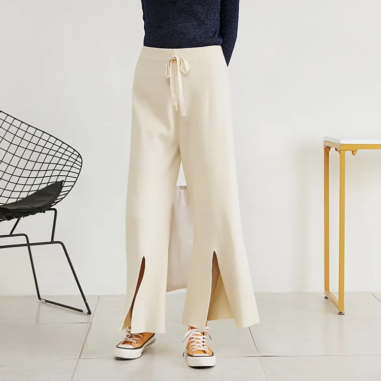 Korean Streetwear Autumn pants women trousers winter High-waisted knit straight slim elastic waist split loose wool pants
