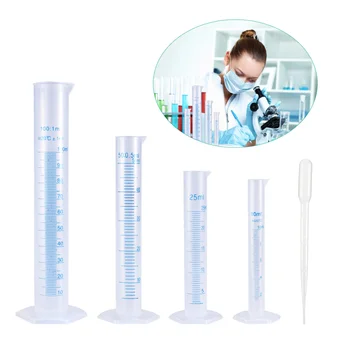 

4pcs Scientific Plastic Graduated Cylinder Set 10ml 25ml 50ml 100ml Measuring Cylinder For Experiment With 30pcs Plastic Dropper