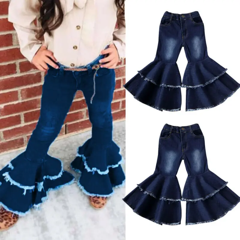 Модные однотонные джинсы для маленьких девочек; брюки с кисточками и поясом; свободные расклешенные джинсовые штаны; От 2 до 7 лет