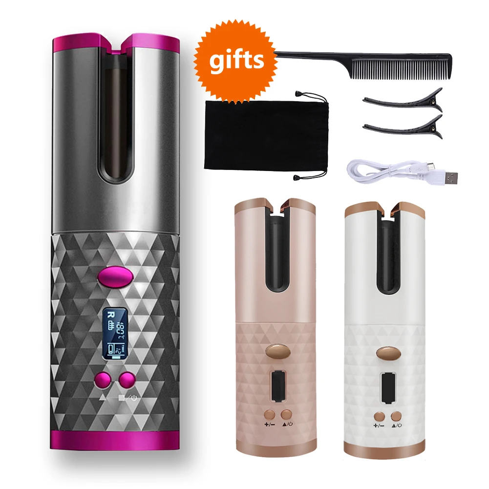 Portable Wireless Automatic Curling Iron Hair Curler USB Rechargeable for LCD Display Curly Machine with 1 Comb+2pc Clips