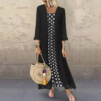 

Spring Fashion Polka Dot Printed Sundress ZANZEA Straps Dress Women Long Sleeve Long Maxi Cardigan Vestidos Female Two Pieces