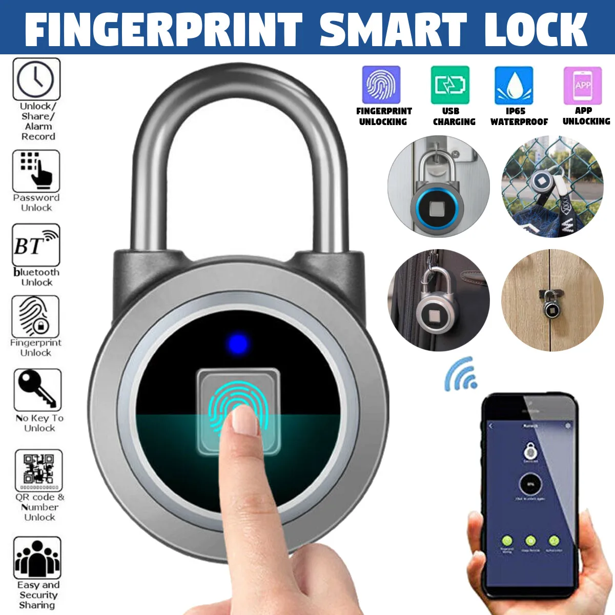 

Waterproof Keyless portable Bluetooth smart Fingerprint Lock padlock Anti-Theft iOS Android APP control door cabinet padlock
