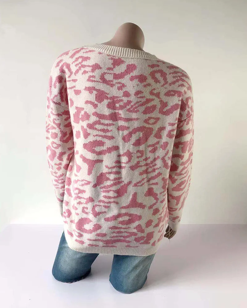 Костюм-платье, трикотажная верхняя одежда без подкладки, камуфляжный Леопардовый принт, рукав, женский свитер
