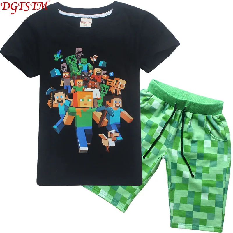 

2019 Summer new Kids cartoon Minecraft adventure game cotton boys and girls Short Sleeve T-Shirt +pants Children's Sets clothing
