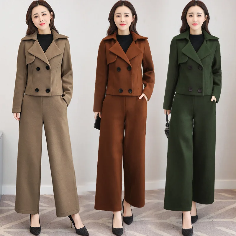 Mode Wollen Pak vrouwen Herfst En Winter Nieuwe Temperament vrouwen Korte Paragraaf Wollen Jas wijde Broek twee stuk M-2XL Mode Wollen Pak vrouwen Herfst En Winter Nieuwe Temperament vrouwen Korte Paragraaf Wollen Jas wijde Broek twee stuk M-2XL