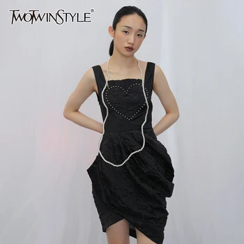 

TWOTWINSTYLE Patchwork Ruched Dress For Women Square Collar Backless Irregular Hem Lace Up Mini Dresses Female 2020 Summer New