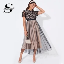 Sheinside, женские вечерние платья с цветочной аппликацией и сеткой,, осенние платья трапециевидной формы с коротким рукавом, женское многослойное Сетчатое платье миди