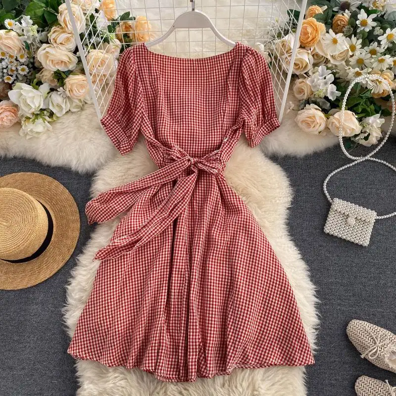 SINGRAIN Women Vintage Plaid Short Dress Lace Square Collar Puff Sleeve A-line Dress Summer Fashion Korean Streetwear Dress