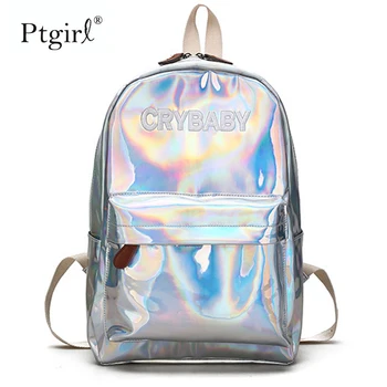 

2019 Fashion Hip-hop Style Embroidery Letter Crybaby Hologram Laser Backpack Women Soft PU Leather Backpack School Bag For Girls