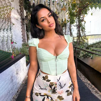 

Yimunancy Deep V Neck Crop Top Women Zipper Skinny Top 2020 Spring Ladies 5 Colors Short Sleeve Sexy Top Streetwear