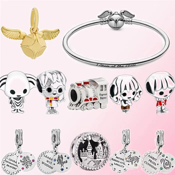 

925 Silver School of Witchcraft and Wizardry Train House Elf Bead Moments Golden Snitch Clasp Bangle Dragon snake eagle Pendant