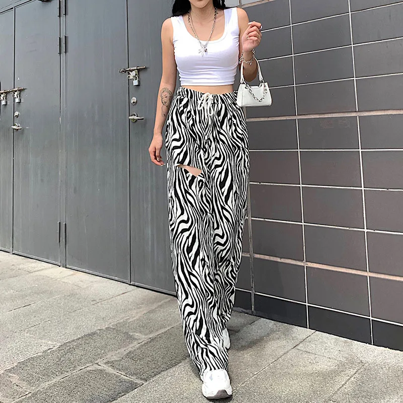 

New Style 2021 Women's High Waist Cool Cool Hole Drape Animal Pattern Casual Wide Leg Pants Summer