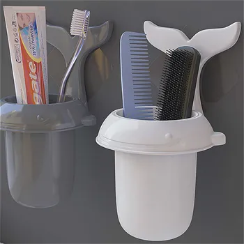 

Punch-free Shelf Wall Mounted Wash Cup Cartoon Fish Tail Shaped Brushing Cup Toothbrush Cups Storage Holder Bathroom Accessories