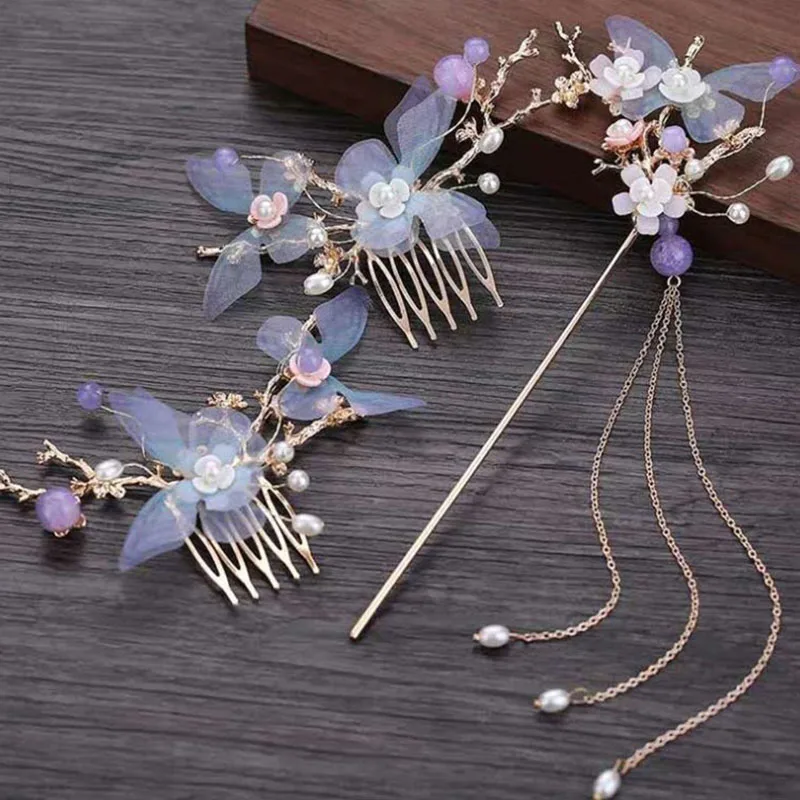 

FORSEVEN Chinese Hanfu Dress Jewelry Sets for Women Girls Cosplay Tassels Flower Pearls Hair Forks Sticks Hairpins Hair Combs