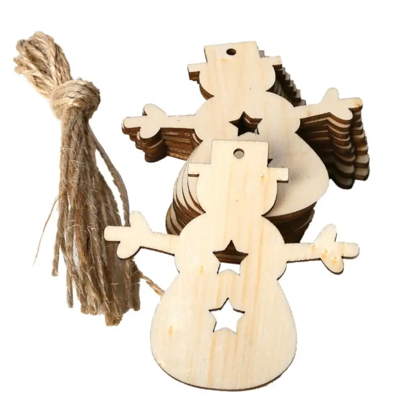 10pcs/set Christmas Snowman DIY Wooden Pendant Hanging with Linen Ropes DIY Ornament Crafts Party Home Decor 634E