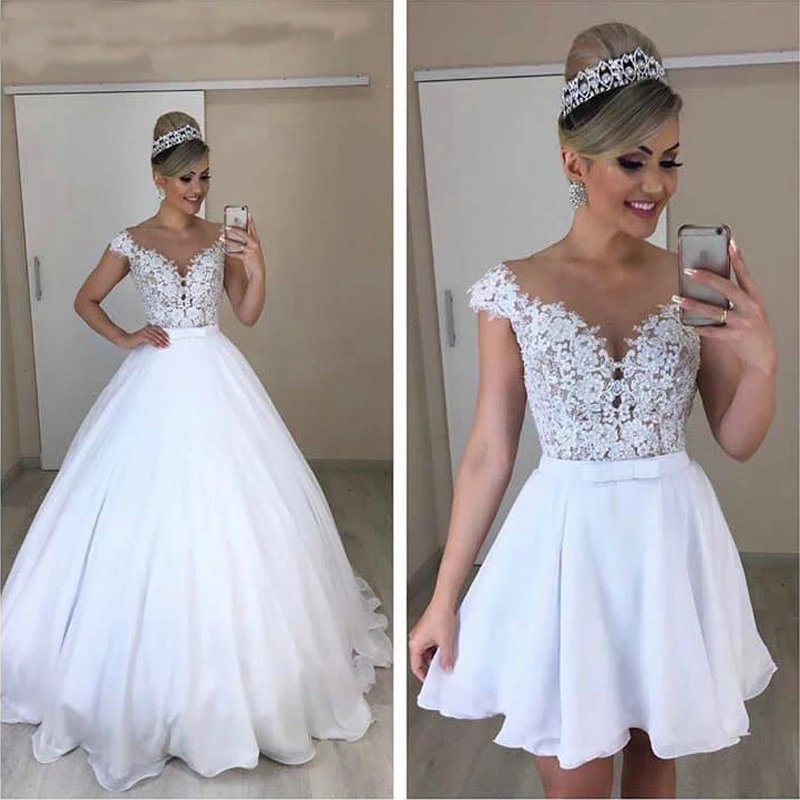 Elegante Vestido De Novia De Encaje 2 En 1 Vestido De Novia Con Falda Desmontable Vestido De Novia De Gasa Con Lazo Dos Piezas Vestidos Blancos Vestidos De Novia Aliexpress