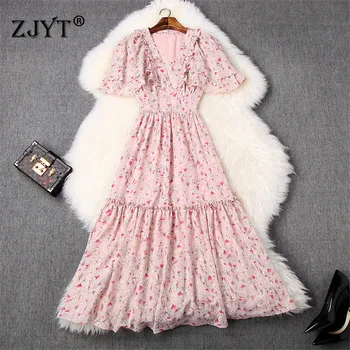 

Europe Fashion Runway Summer Dresses for Women 2020 New Elegant Clothes Butterfly Sleeve Embroidery Floral Print Party Dress