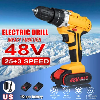 

3 In 1 25 Torque Cordless Impact Electric Drill Screwdriver 48V 2 Speed Mini Power Driver with 2 Rechargeable Battery