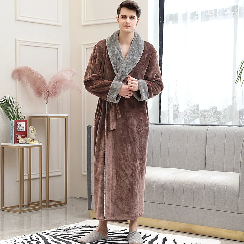 Женский зимний удлиненный фланелевый теплый халат кимоно коралловый флис плюс размер банный халат невесты сексуальный халат для мужчин пижамы - Цвет: Men No Hood Coffee