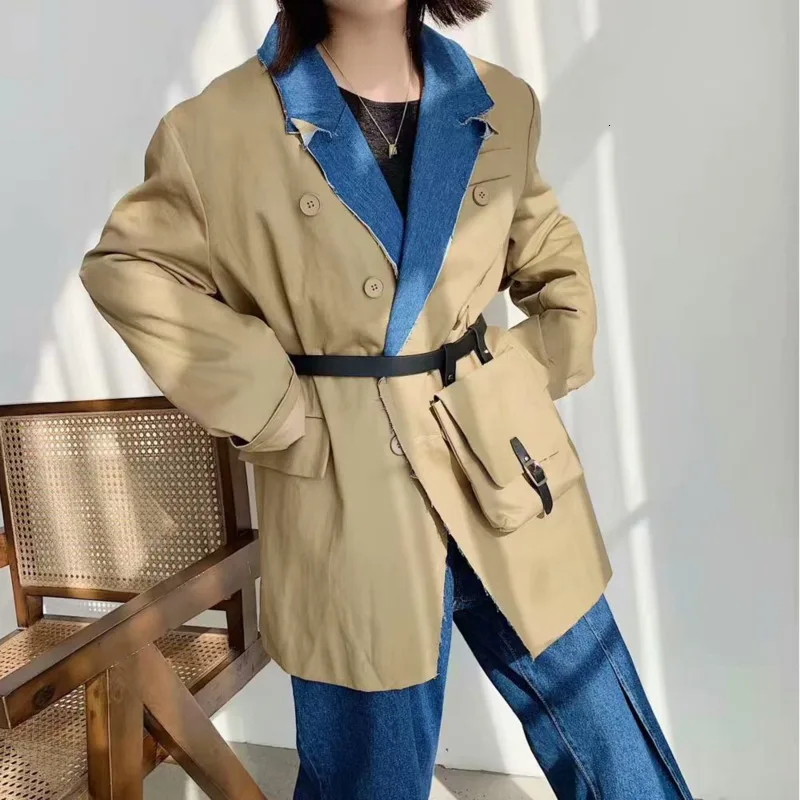 [EWQ] Новинка осени, длинный рукав размера плюс, женское Трендовое пальто, корейский стиль, Модная Джинсовая стеганая куртка цвета хаки с карманами QL570