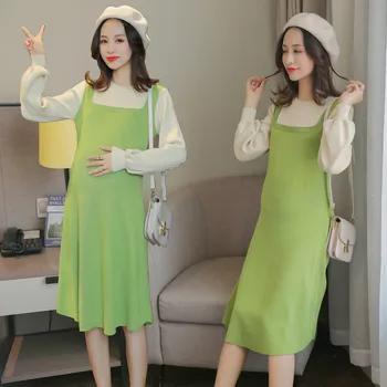 

9091# 2020 Korean Fashion Autumn Winter Knitted Maternity Dress Elegant Bodycon Clothes for Pregnant Women Pregnancy Clothing