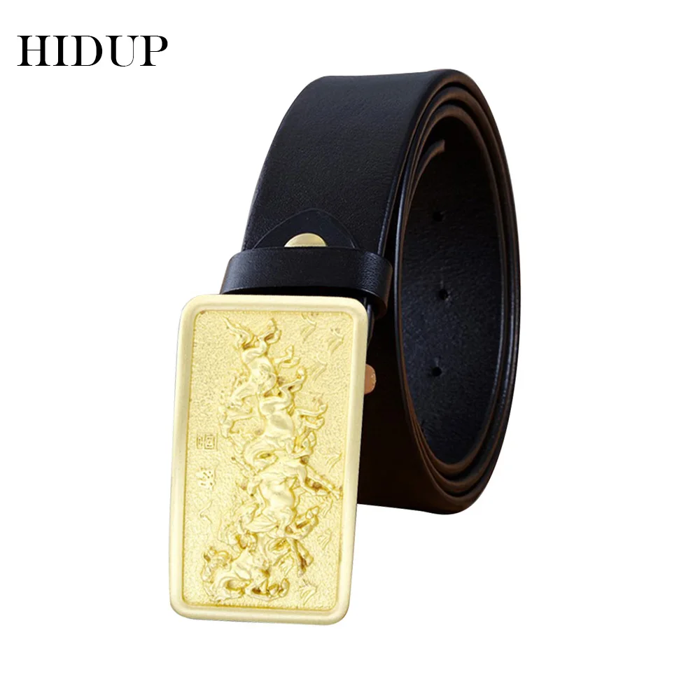HIDUP Seven Horses Pattern Brass Buckle Belts for Men Top Quality Solid Cow Cowskin Leather Belt Clothing Accessories NWWJ138 | Аксессуары
