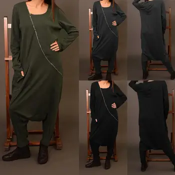 

Women's Long Sleeve Drop Crotch Jumpsuits 2020 Celmia Zipper Cargo Pants Bib Overalls Playsuits Romper Macacao Dungarees S-5XL