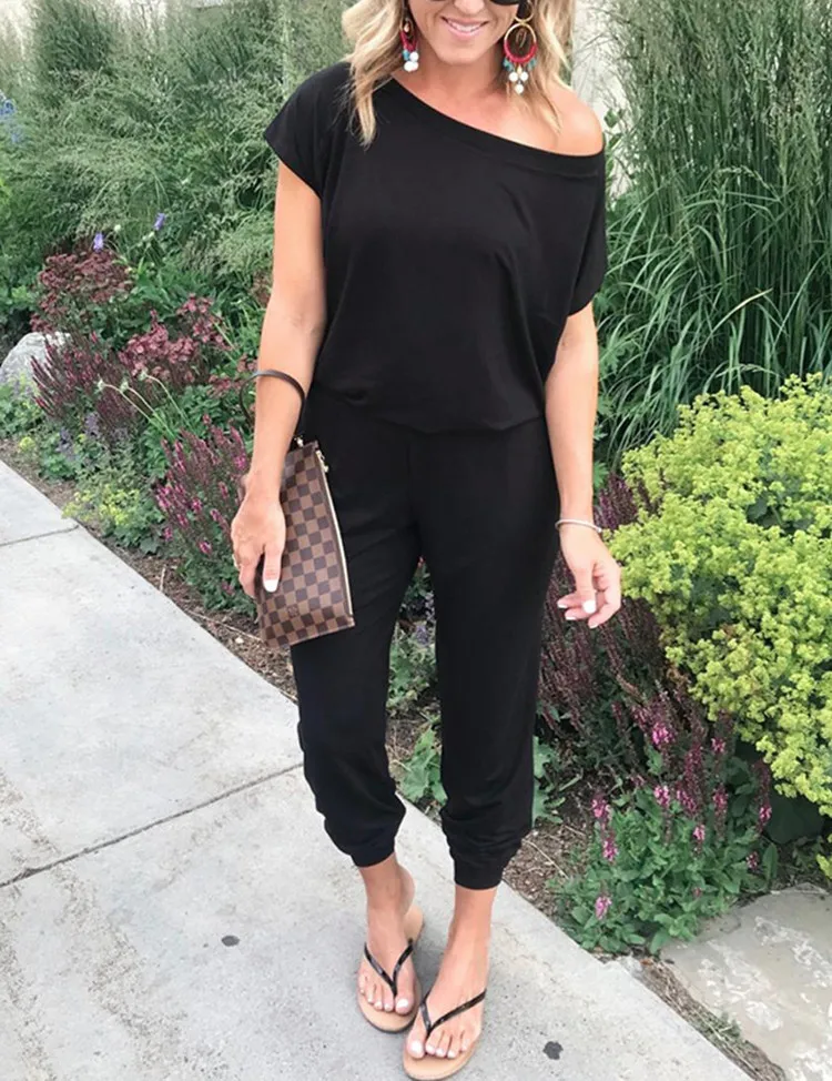 Комбинезон женский однотонный с коротким рукавом повседневный слитный костюм