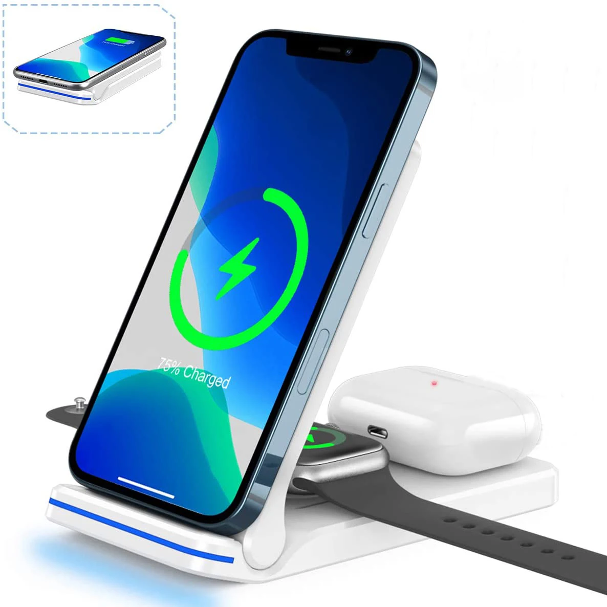 

Wireless Charger Foldable 3 in 1 Qi-Certified 15W Fast Charging Station for Air pods/Apple Watch se/6/5/4/3/2/1 Sumsung