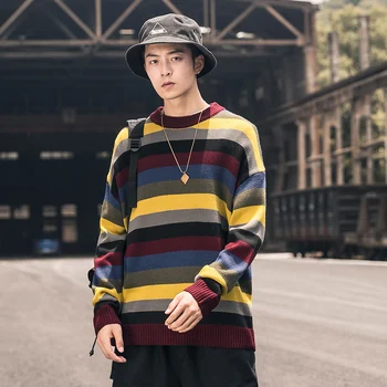 

Autumn New Striped Sweater Men's Fashion Casual Color Knit Pullover Man Wild Loose Long-sleeved Sweater Large Size M-5XL