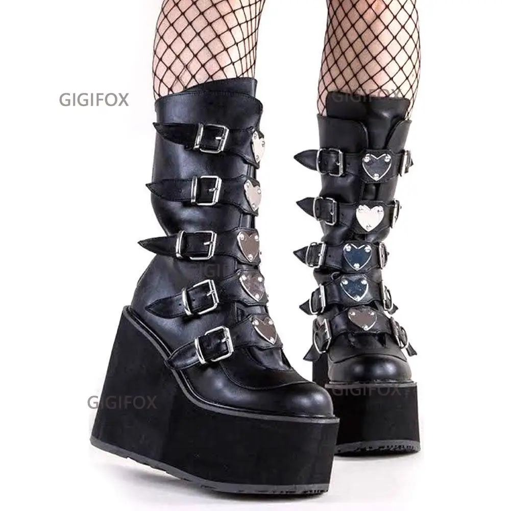 Brand Design Big Size 43 Black Gothic Style Cool Punk Motorcycles Boots Female Platform Wedges High Heels Calf Boots Women Shoes 