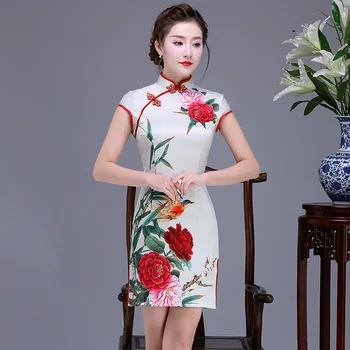 

Sheng Coco Ladies Elegant Mini Qipao Traditinal Chinese Short Fund Cheongsam 2020 National Wind Peony Print Sexy Qipao Dress