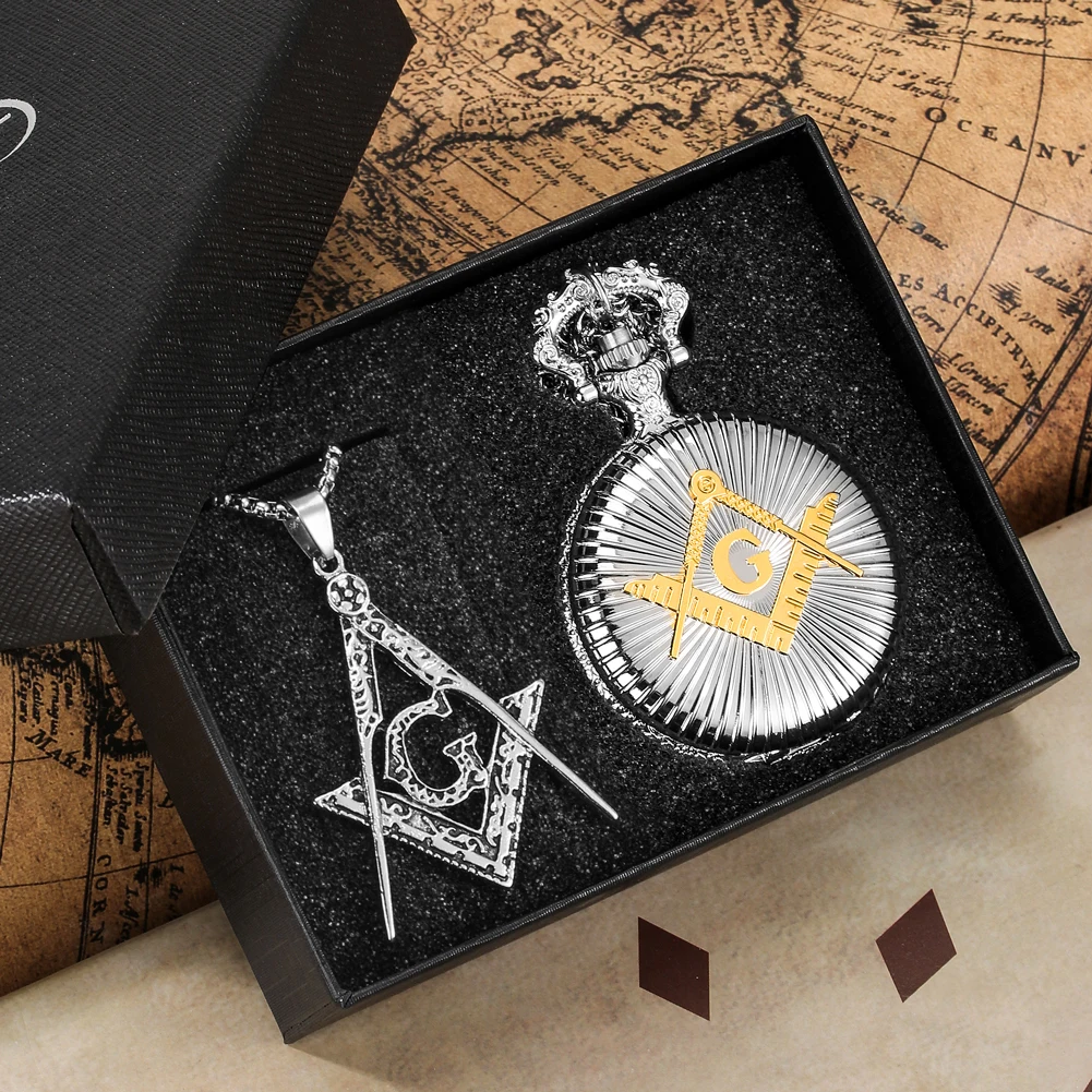 Silver Masonic Pocket Watch Set Men's Quartz Pendant Pocket Clock Exquisite Necklace Pendant Perfect Gift With Box for Boyfriend