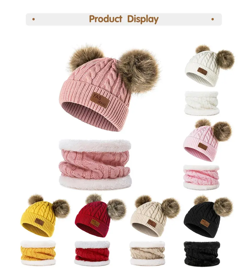 DMROLES 2 шт., шапка для маленьких девочек, вязаная крючком шапка с двойным помпоном и шарф для девочек и мальчиков, детская зимняя теплая шапка, Детский набор из шапки и шарфа