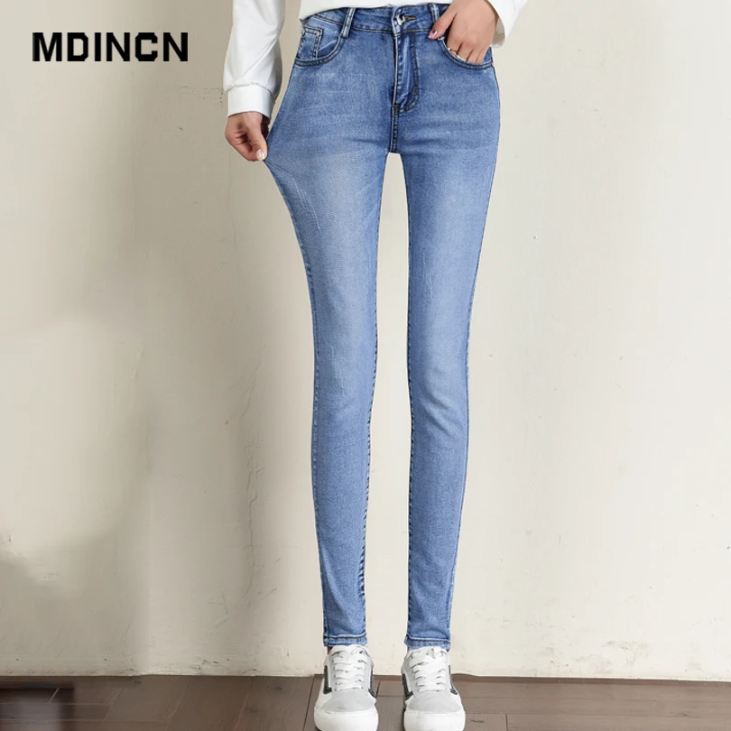 

MDINCN Jeans For Women High Waist Jeans Woman High Elastic Plus Size Stretch Jeans Female Washed Denim Skinny Pencil Pants
