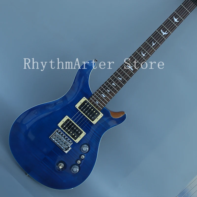 Free shipping, custom guitar, blue tiger flame decorative electric guitar, rose wood fingerboard, chrome alloy hardware - Image 2